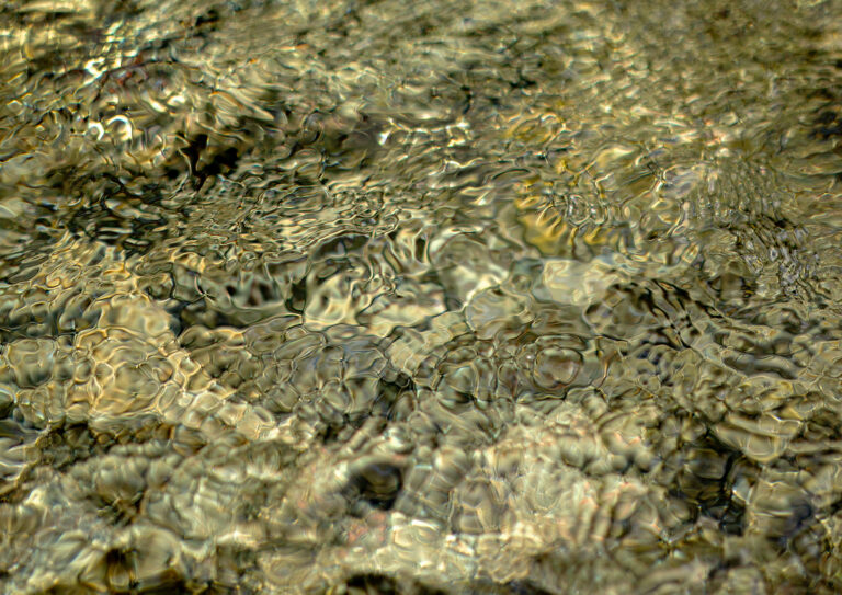 Close-up photograph of clear river water flowing over rounded stones, where shimmering reflections transform the surface into an intricate abstract pattern of gold, olive, and silver tones.
