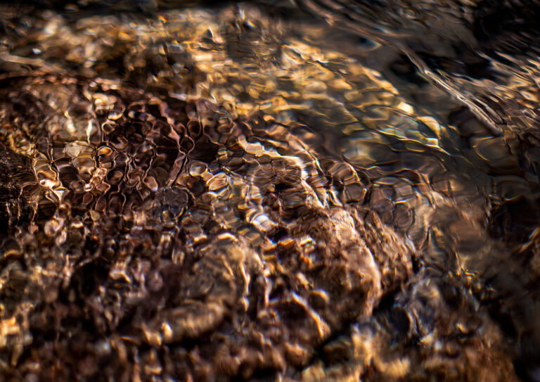 Golden light rippling across submerged rocks, where flowing water transforms the riverbed into an abstract organic pattern of reflections and shifting textures.