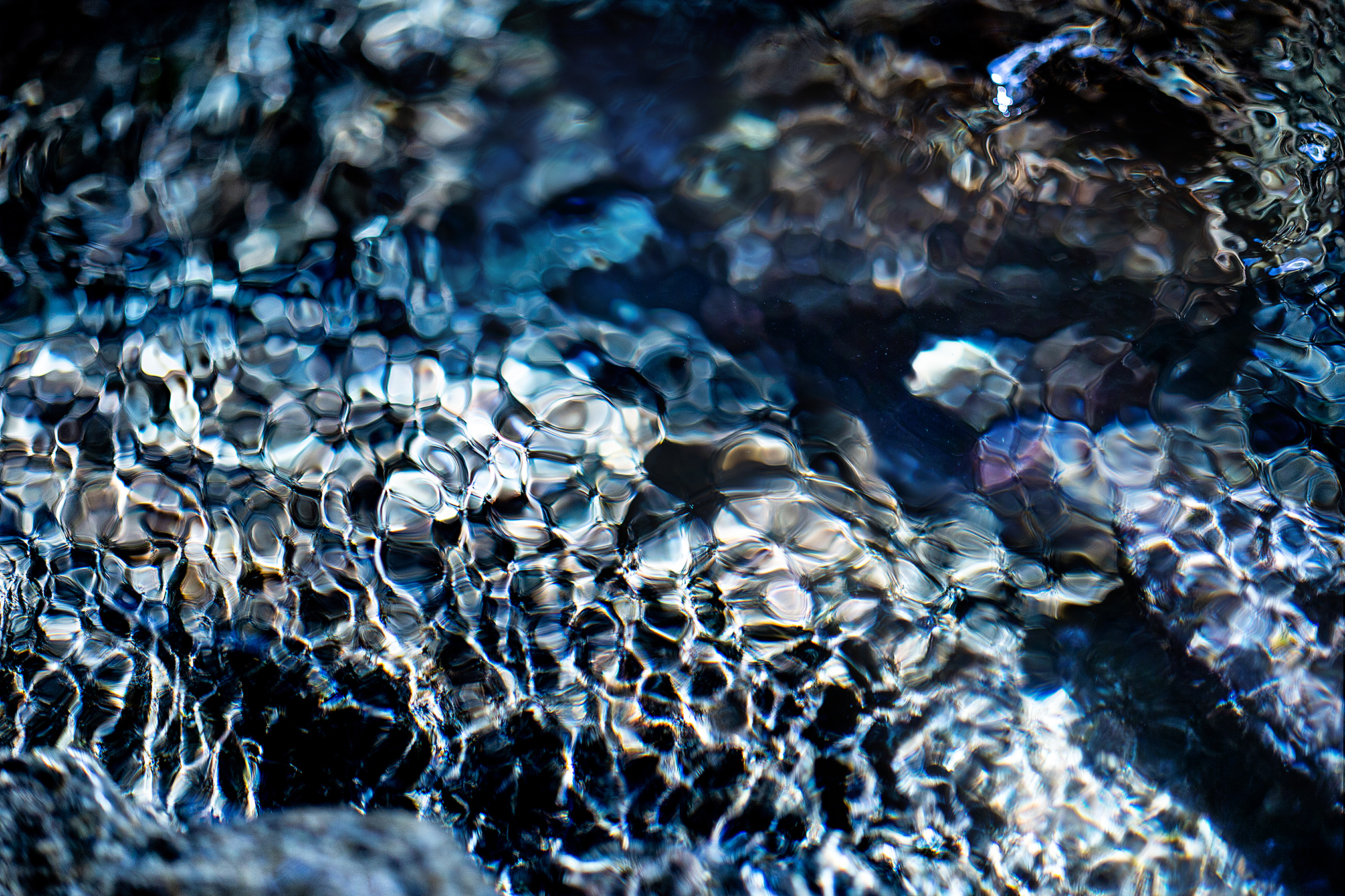 Abstract fine art photograph of flowing river water, where blue shadows and silver reflections merge into organic, cell-like patterns, creating an ethereal and dreamlike surface.